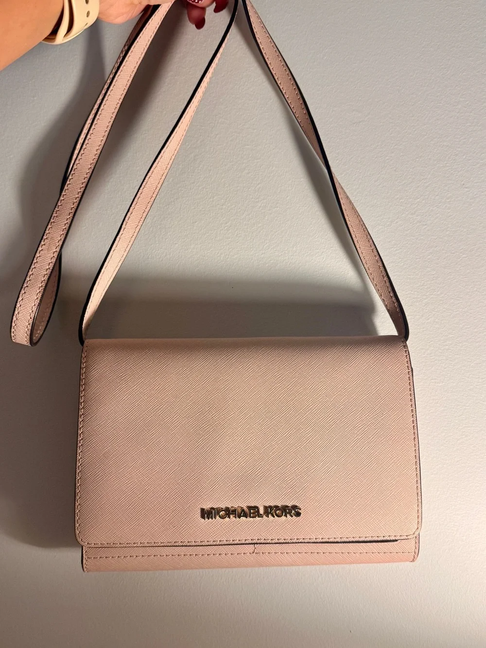 Michael Kors Pink Saffiano Crossbody Wallet with Gold Logo